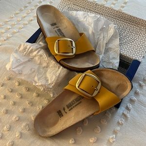 Birkenstock Madrid Big Buckle   Mustard and Brushed Gold. Iconic Cork Brown Sole